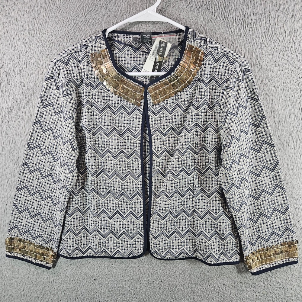 Chelsea & Theodore Navy White Chevron Embellished Jacket Medium NWT $138
